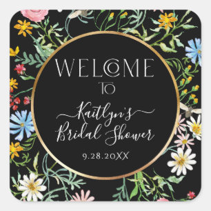 Bloemige Wilde Bloem Boho Welkom Zwarte Bruiloftss Vierkante Sticker