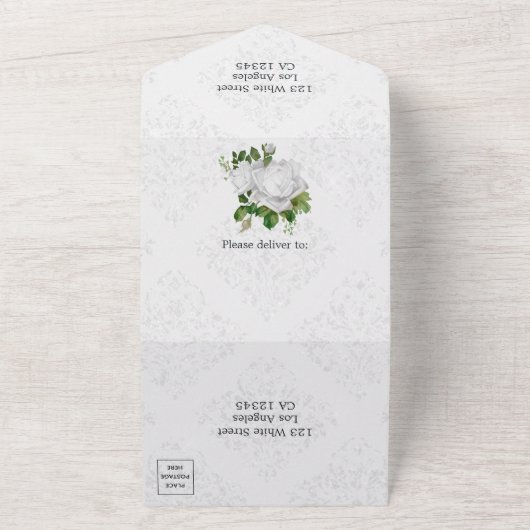 Bloemige witte all-in-one trouwuitnodiging all in one uitnodiging (Buitenkant)