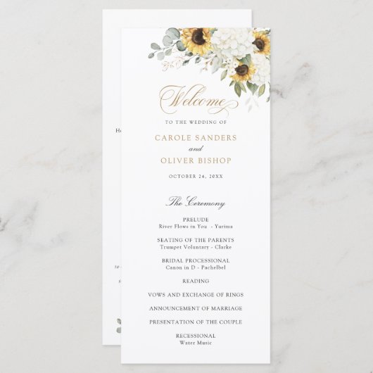 Bloemige witte hortensia zonnebloemen trouwprogram programma (Voorkant / Achterkant)