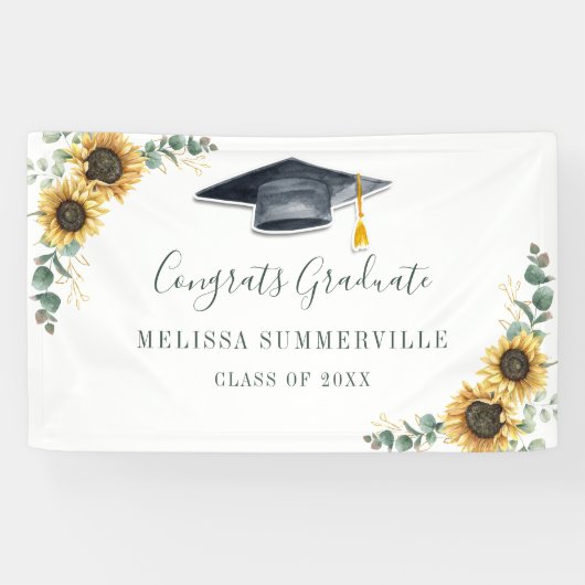 Bloemige zonnebloem eucalyptus script afstuderen spandoek (Horizontaal)
