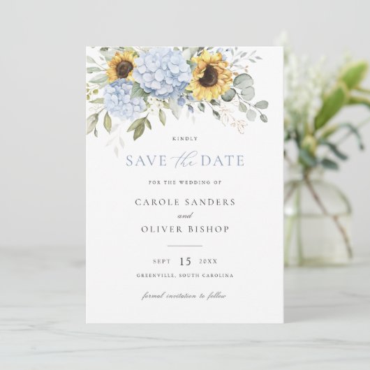 Bloemige zonnebloemen Blauwe Hortensia Trouw Save  Kaart (Staand voorkant)