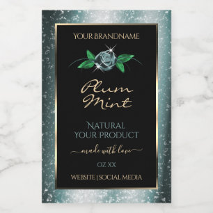 Bloemige Zwart met Donker Turquoise Glitter Produc Voedselcontainer Etiket