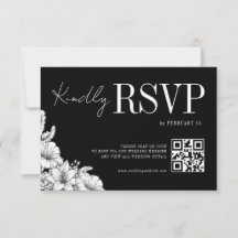 Bloemige Zwarte Witte Rustieke QR Monogram Huwelij