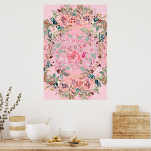 Bloemillustratie, roze bloemenkrans poster