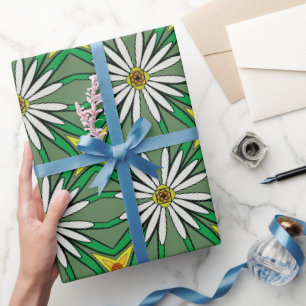 Bloeminterpretatie Witte madeliefjes, Groene blade Cadeaupapier