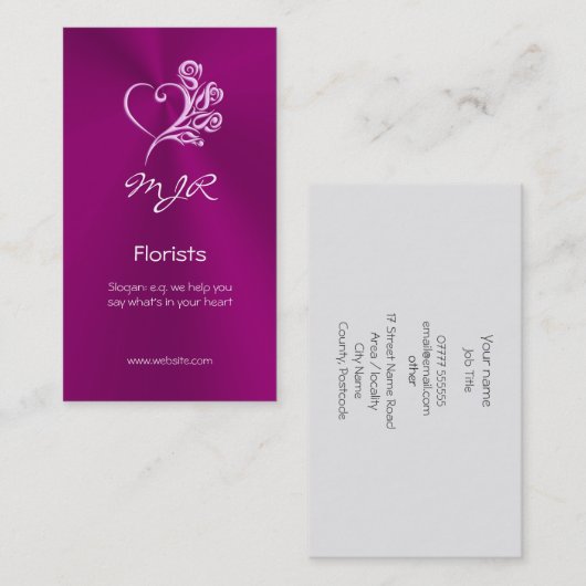 Bloemist ontwerp met mauve hart en rozen visitekaartje (Voorkant / Achterkant)