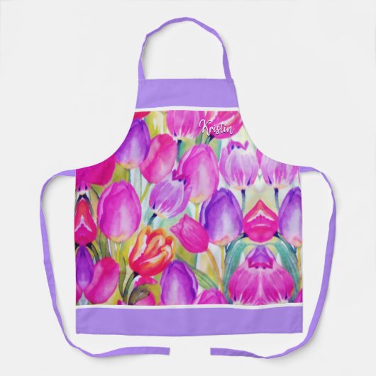 Bloemist Tuinier Roze Waterverf Bloemen Schort (Voorkant)