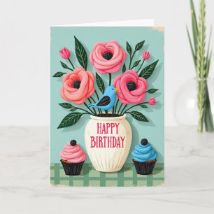 Bloemkaart met vrolijke vogel kaart
