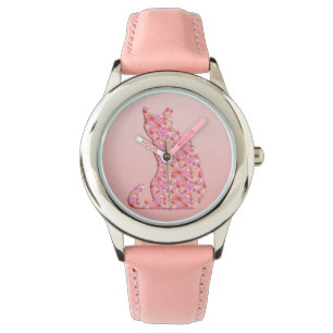 Bloemkat - koraal oranje en roze horloge