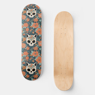 Bloemkattenschedel met Oranje bloemetjes op donker Skateboard