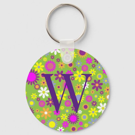 Bloemkleurige Floral Initiaal Monogram Sleutelhang Sleutelhanger (Voorkant)