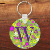 Bloemkleurige Floral Initiaal Monogram Sleutelhang Sleutelhanger (Voorkant)