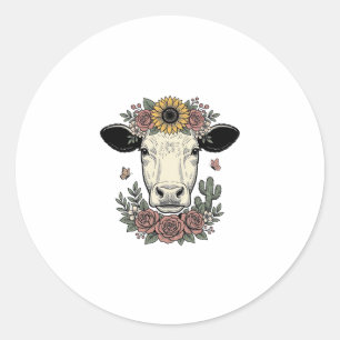 Bloemkoe hoofd vintage graveerontwerp_1 ronde sticker