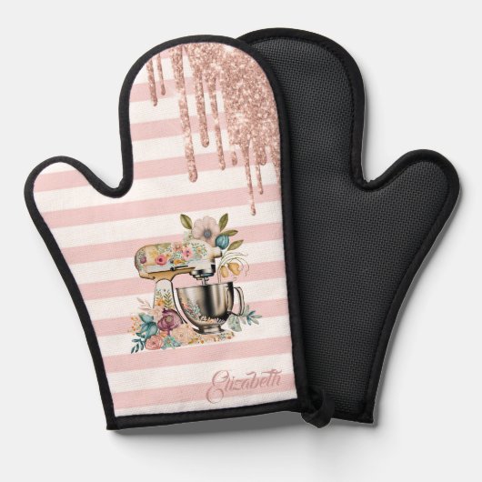 Bloemkoek mixer, glitter druppels, roze strepen ovenwant (Voorkant / Achterkant)