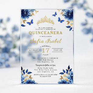 Bloemkoninklijke Blauwe Vlinder Prinses Quinceaner Acryl Uitnodigingen