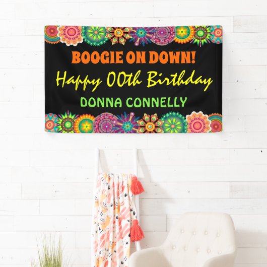 Bloemkracht 70's kleurrijke verjaardag spandoek (Insitu)