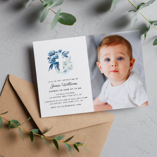bloemkruis Baptisme foto-uitnodiging Kaart
