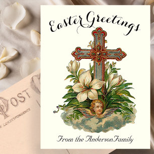 Bloemkruis en cherubijn vintage Pasen religieus Briefkaart