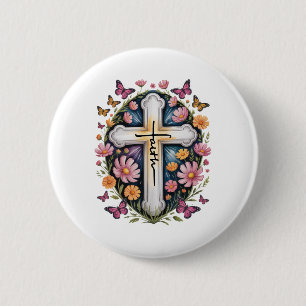 Bloemkruis van het geloof ronde button 5,7 cm