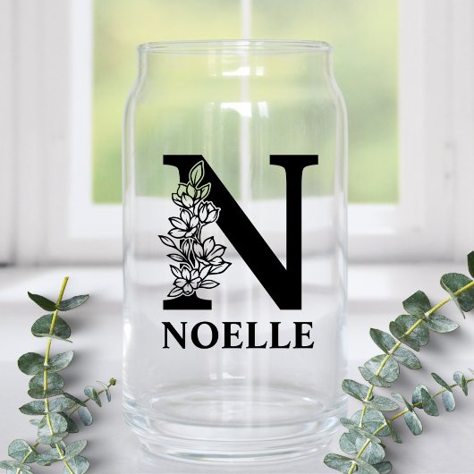 Bloemletter N Monogram en gepersonaliseerde naam Blikvorm Glas