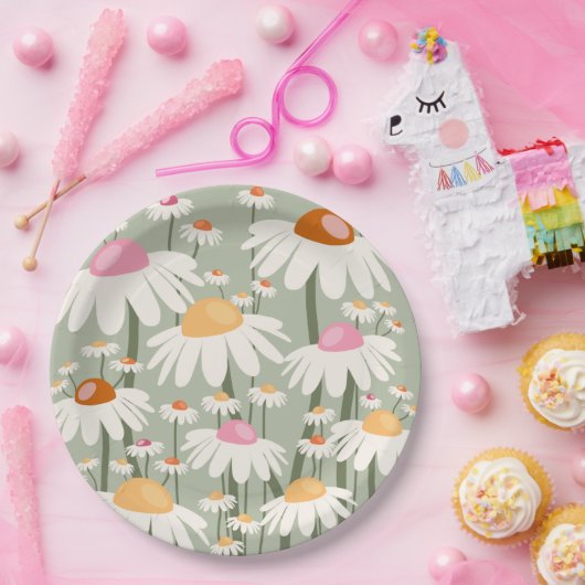 Bloemmarkt Tokio Retro Daisies Sage Green Papieren Bordje (Feest)
