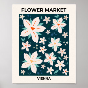 Bloemmarkt Wenen marineblauw crème, witte flora Poster