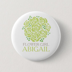 Bloemmeisje groene rozen genaamd bruiloft pin knop ronde button 5,7 cm