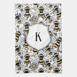 Bloemmonogram hommel theedoek