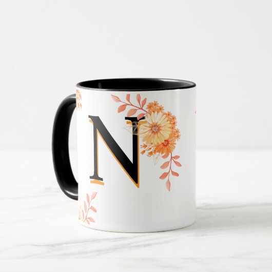 Bloemmonogram Mok – Elegante letter N Koffiebeker (Voorkant links)