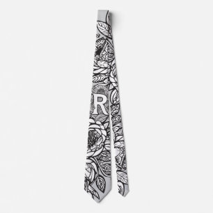 Bloemmonogram "R" Zwart-wit Tattoo Bloemen Stropdas