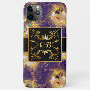 Bloemmonogram Schattigee Kat - Royal Paarse iPhone 11 Pro Max Hoesje