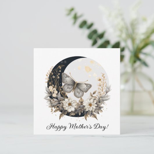 Bloemmot en maan Happy Moederdag Feestdagenkaart (Staand voorkant)
