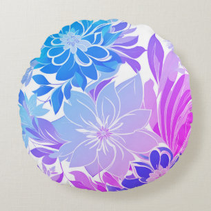 Bloemmotief, Aqua, Blauw, Paars , Roze Rond Kussen