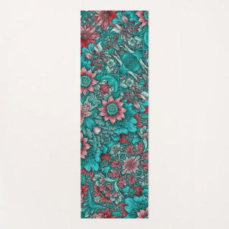 Bloemmotief, aqua, turquoise, turquoise en grijs yogamat