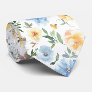 Bloemmotief blauwe en gele bloemen halsdoek das