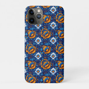 bloemmotief in blauwe en Oranje Tegels iPhone 11 Pro Hoesje