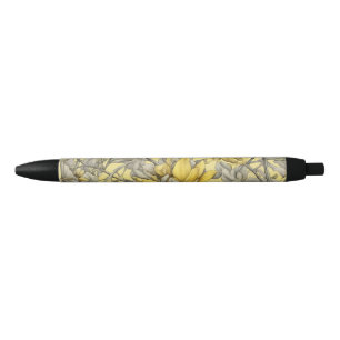 Bloemmotief in botanisch geel zwarte inkt pen