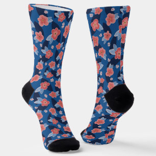 Bloemmotief in perzik en blauw sokken