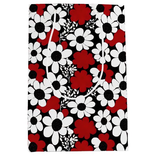  bloemmotief in rood, zwart en wit medium cadeauzakje (Voorkant)