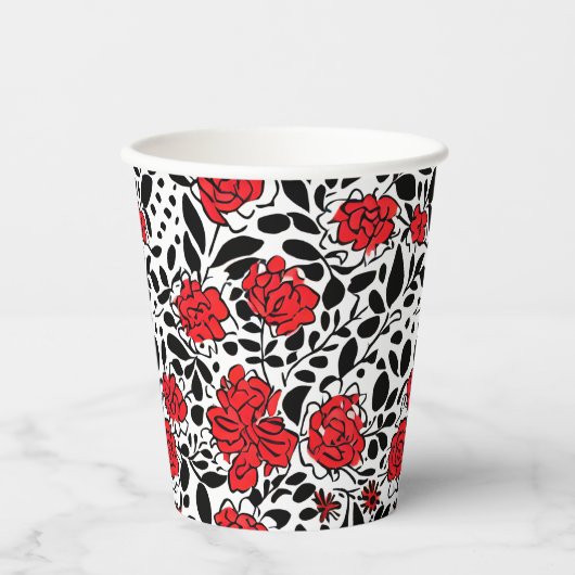 bloemmotief in rood, zwart en wit papieren bekers (Voorkant)