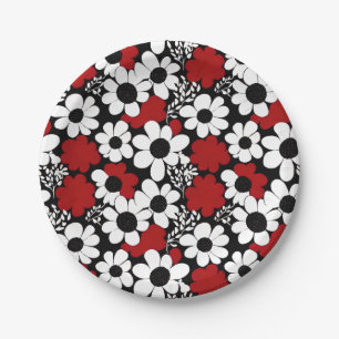 bloemmotief in rood, zwart en wit papieren bordje