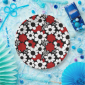 bloemmotief in rood, zwart en wit papieren bordje (Feest)