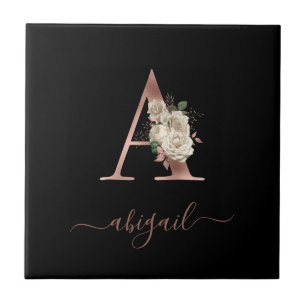 Bloemmotief Ivoor Roze Goud Monogram Letter "A" Zw Tegeltje
