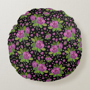 Bloemmotief Lila Roze Groen Zwart Rond Kussen