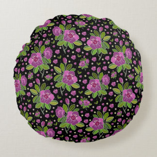 Bloemmotief Lila Roze Groen Zwart Rond Kussen