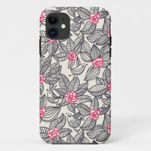 Bloemmotief met cartoon vogels iPhone 11 hoesje