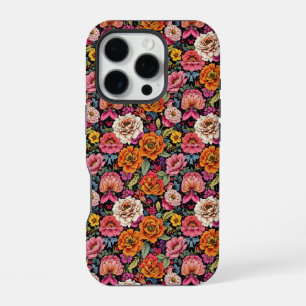  bloemmotief met felle kleuren op zwart iPhone 16 pro hoesje