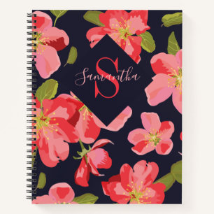 Bloemmotief Navy Blauwe Monogram Naam Botanisch Notitieboek