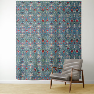 Bloemmotief op groene bladeren blauwe achtergrond wandkleed