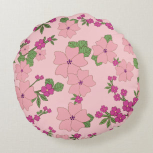 Bloemmotief, pastel paars en roze, rond kussen